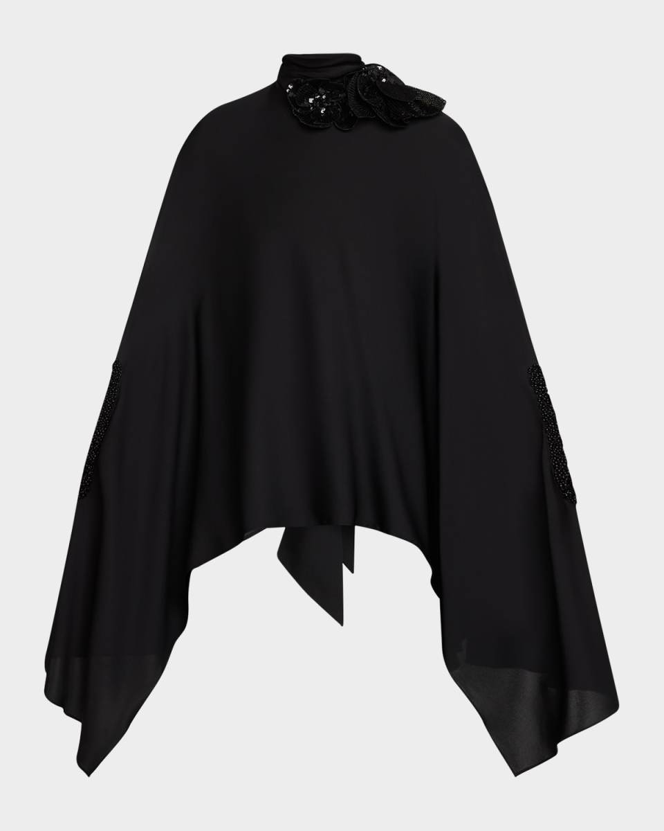 Bead-Trim Floral Applique Cape Blous